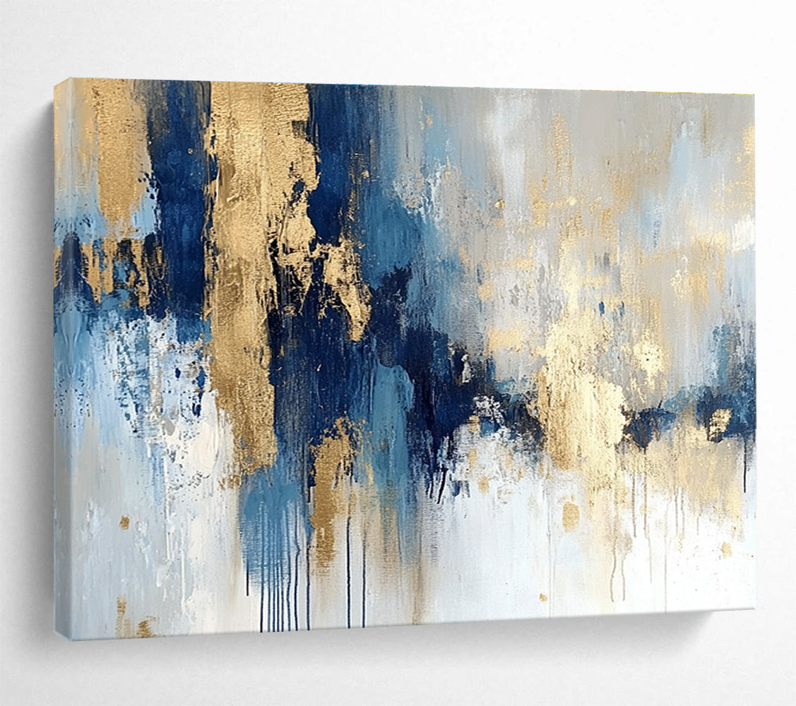Large abstract painting in blue and gold with soft edges and texture featuring modern elegance and movement on a white background.SC021