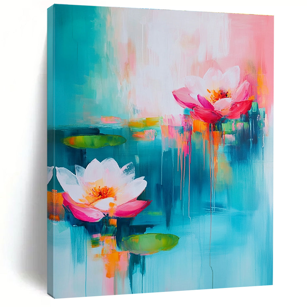 Large abstract painting with turquoise and pink hues featuring soft brush strokes of flowers and water lilies in a dreamy atmosphere.STSC052