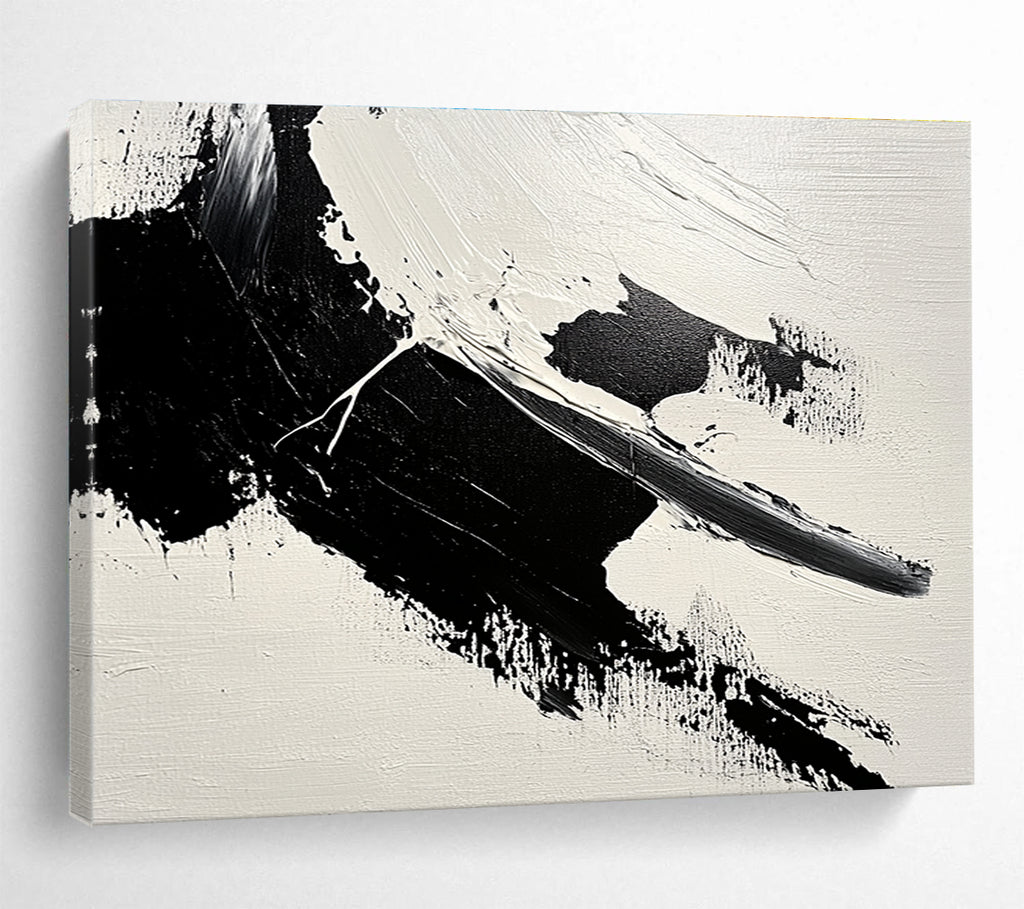 Large abstract painting featuring bold brushstrokes and textured areas of black and gray on a minimalist white background.SC574