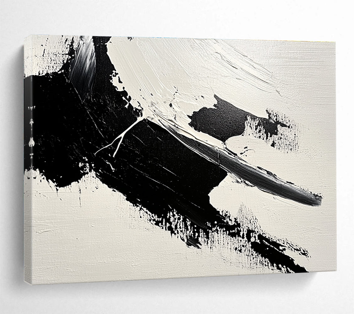 Large abstract painting featuring bold brushstrokes and textured areas of black and gray on a minimalist white background.SC574