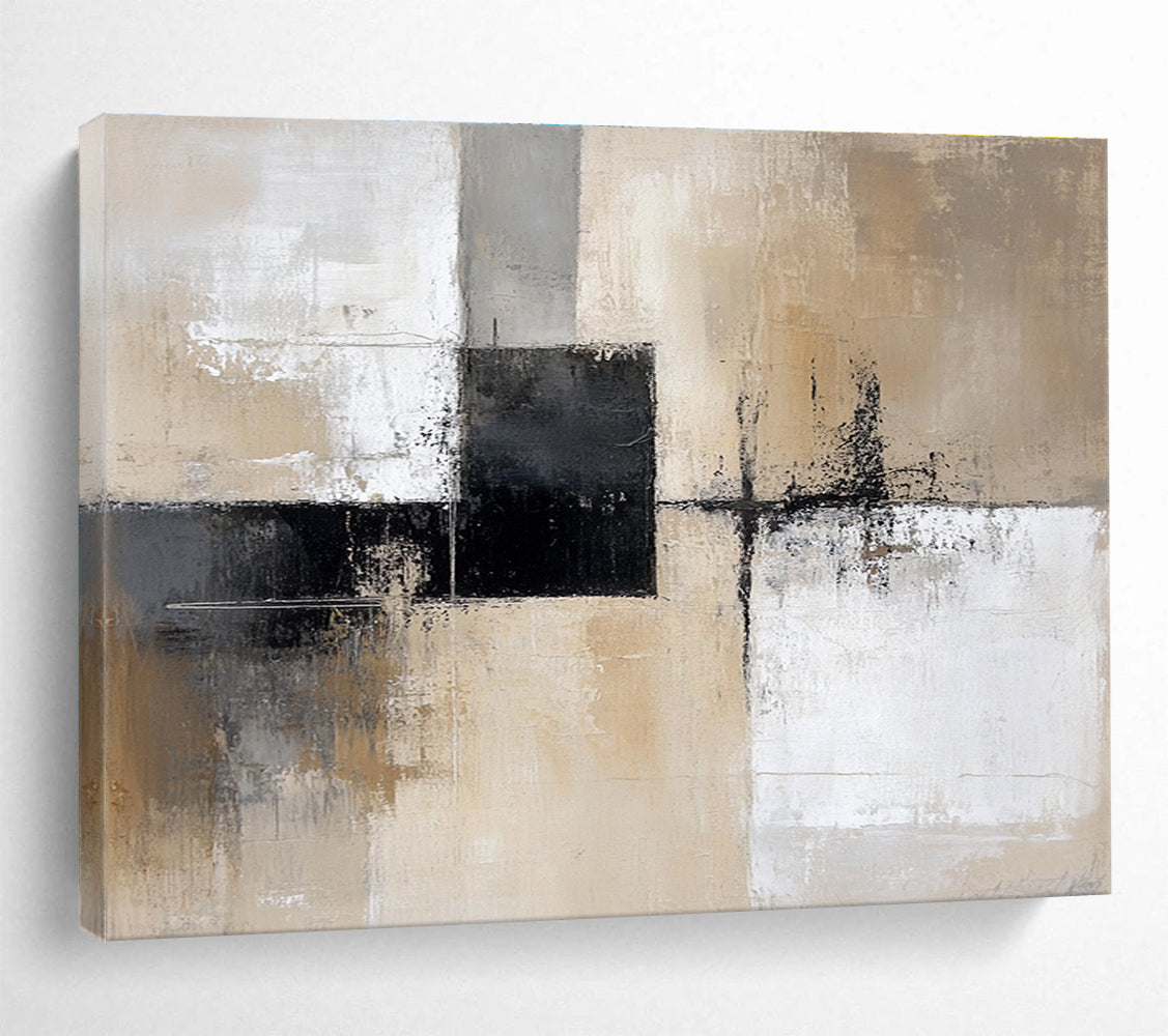 Neutral Geometric Abstract Painting with Beige and Black Tones DYP527