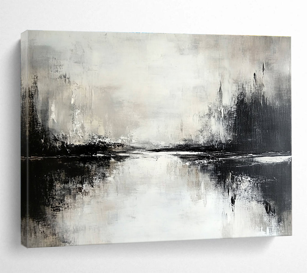 Monochromatic Landscape Abstract Painting with Shades of Gray and Black DYP217