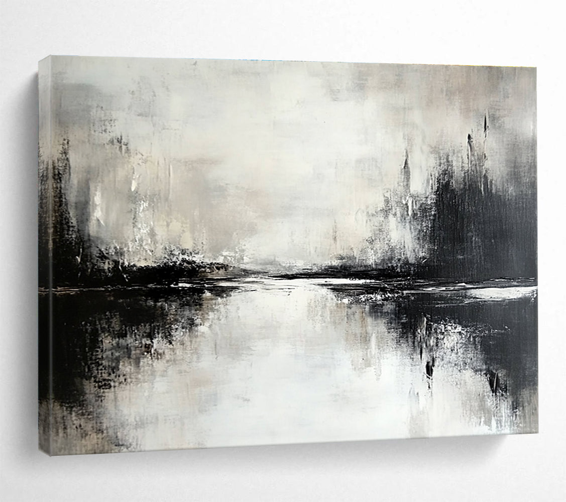 Monochromatic Landscape Abstract Painting with Shades of Gray and Black DYP217