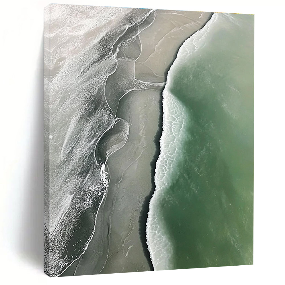Abstract art piece featuring an aerial view of a beach with green and gray waves flowing onto white sandy shores.STSC529