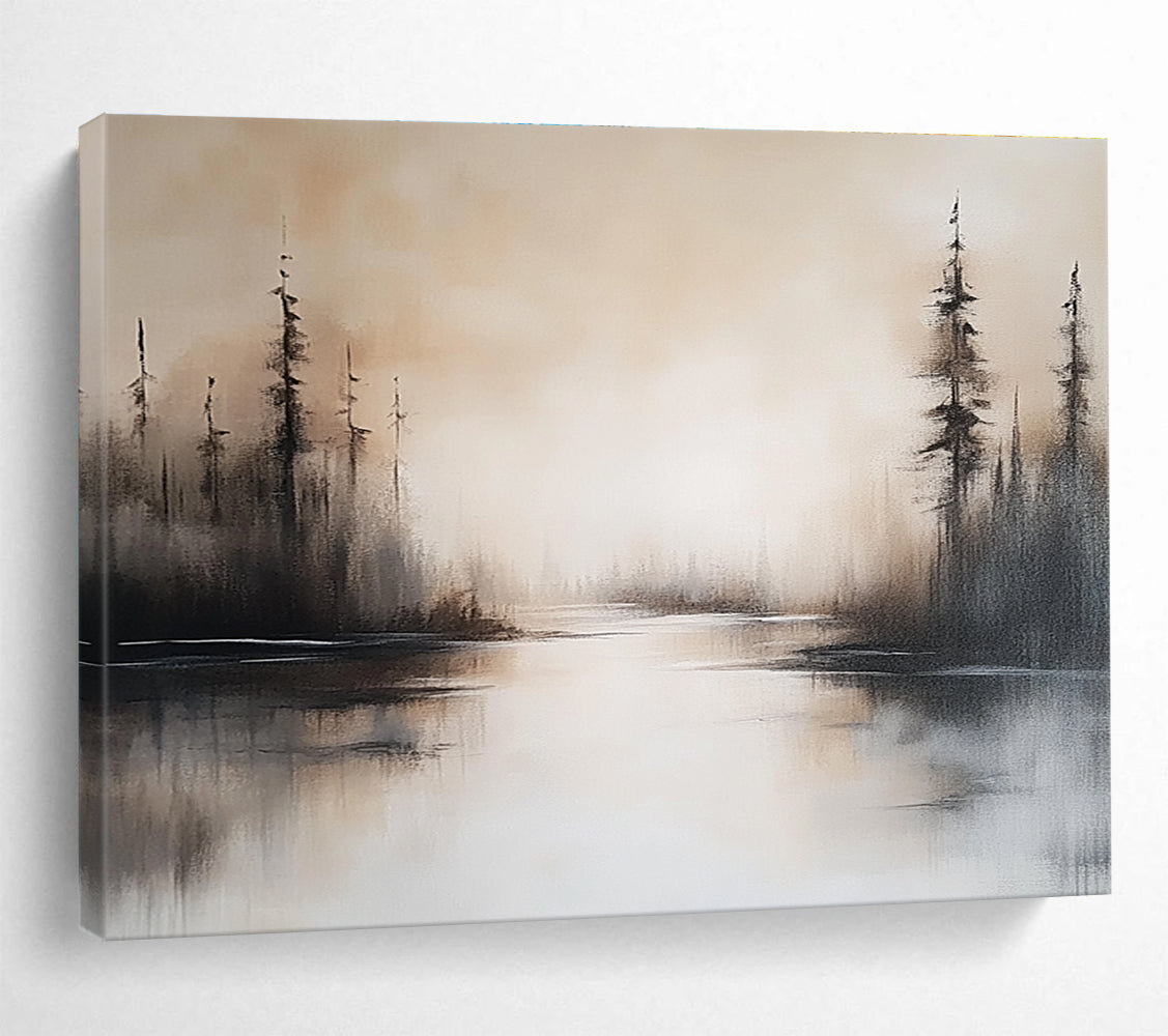 Abstract painting featuring a serene lake landscape in neutral tones with soft brush strokes and misty water reflections capturing a peaceful setting.SC052