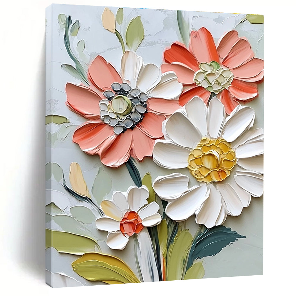 Large abstract painting of textured flowers in vibrant colors featuring a close-up of a delicate daisy-like bloom in a vintage modern style.STSC1126