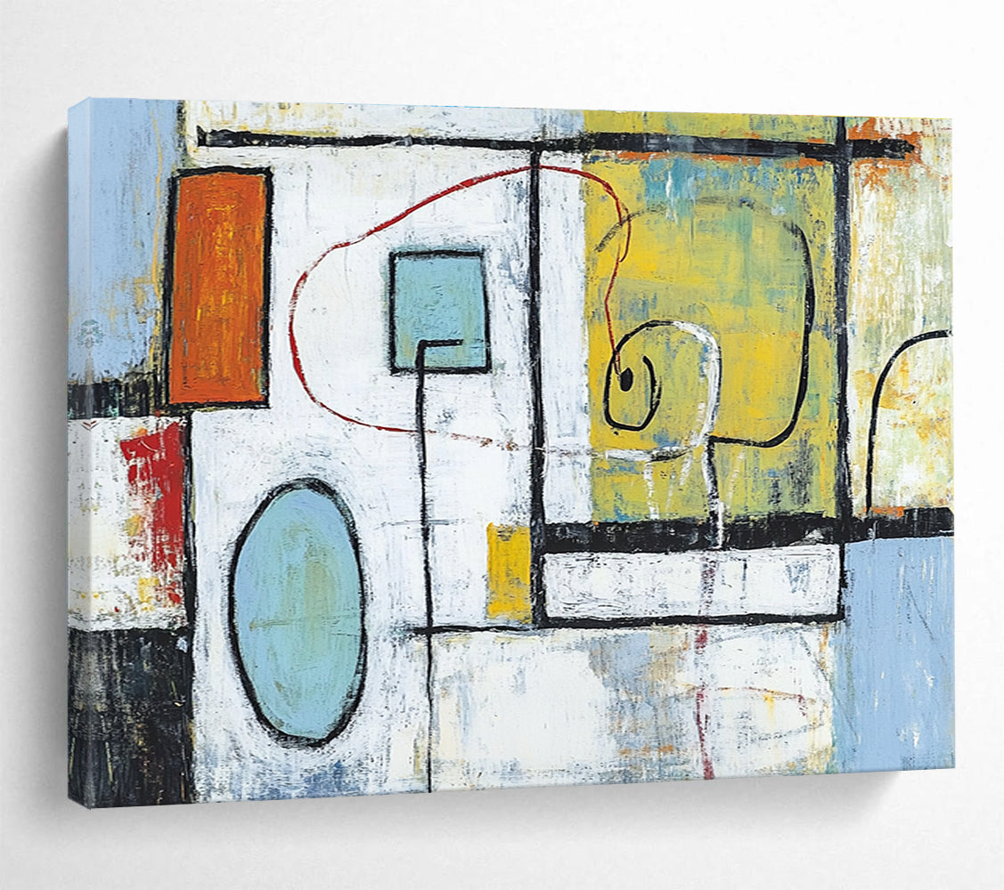 Large abstract painting featuring light blue white and green shapes with red lines yellow forms and black outlines set against a soft orange black background.SC194