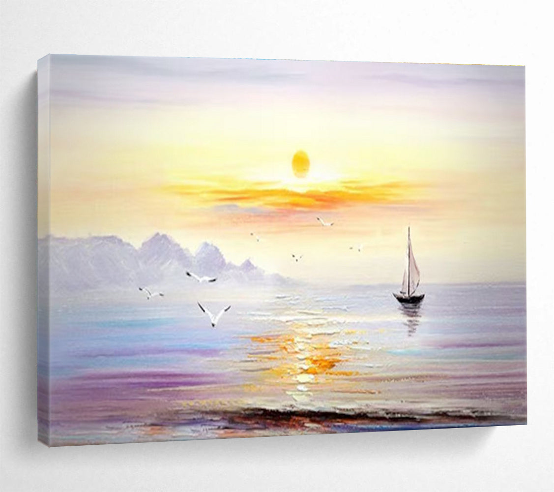 Sunset Sea Sail Abstract Painting with Orange, Purple, and Blue Tones THY181
