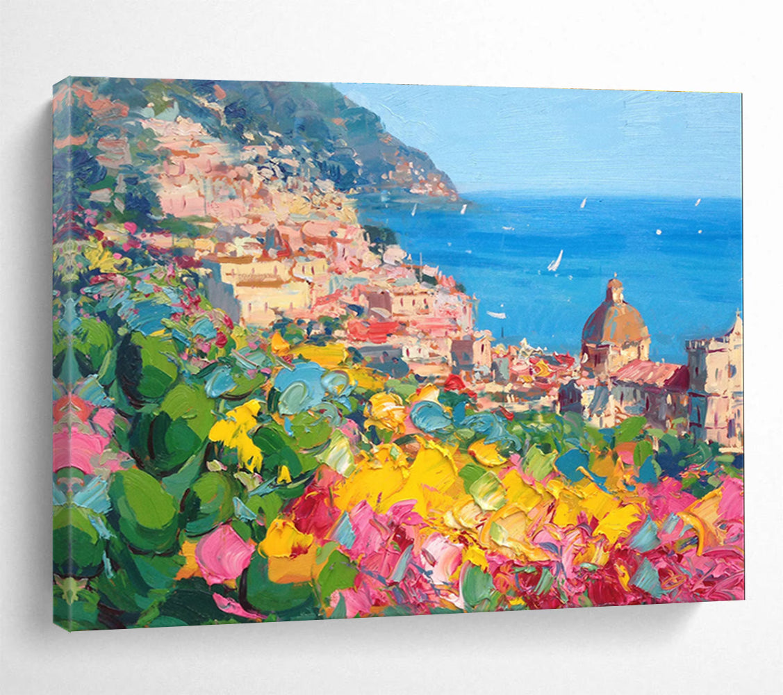 Pink Yellow Blue Hillside Coastal Town Painting THY488