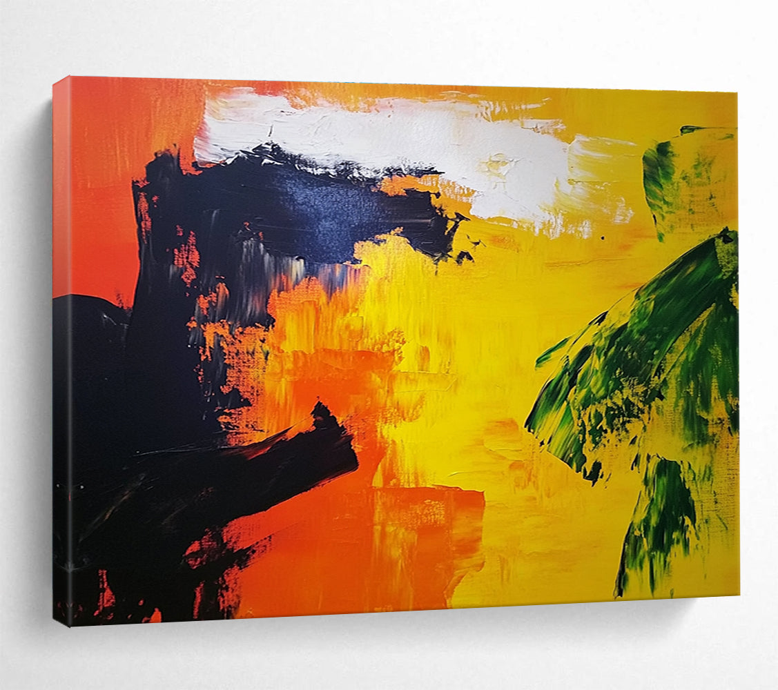 Abstract painting featuring vibrant orange and yellow landscape with bold black silhouettes and a touch of red in the corner, enhancing Expressionist style.SC166