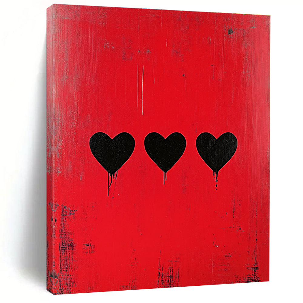 Large abstract painting with a striking red background featuring three bold black hearts in a style reminiscent of Banksy.STSC1164