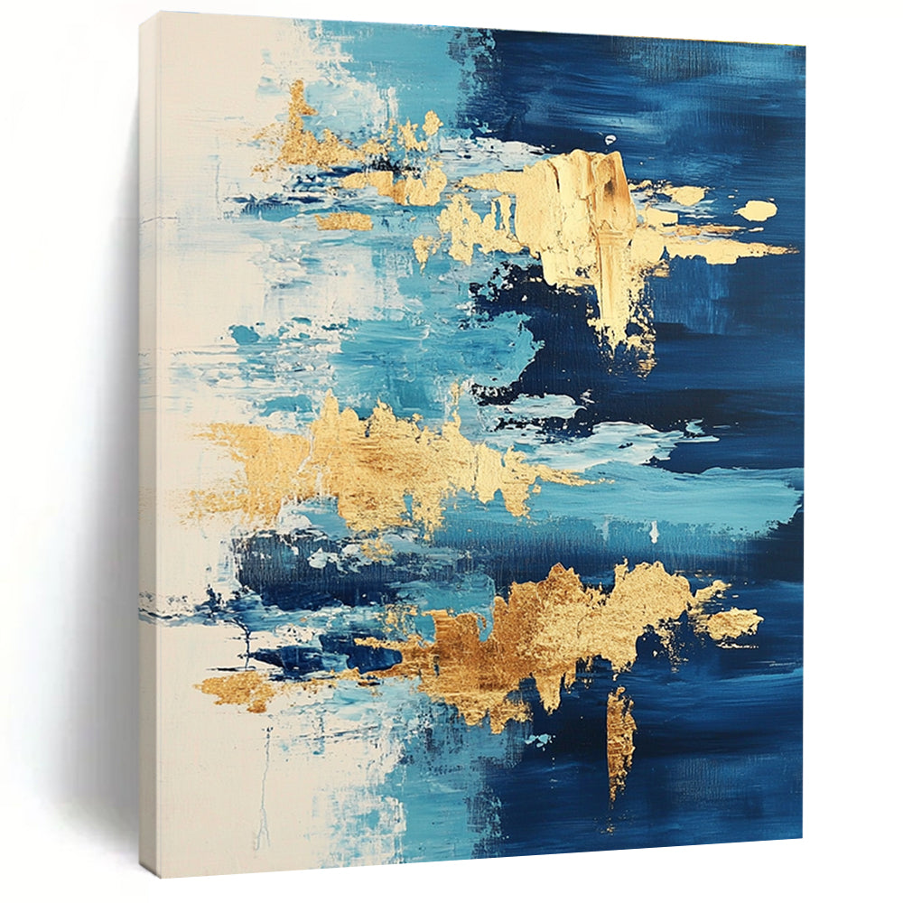 Light Blue and Gold Abstract Painting with Flowing Forms GER373