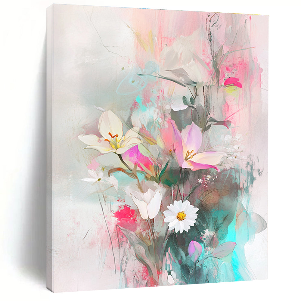 A large abstract painting featuring ethereal floral arrangements in soft pastels with a delicate bird figurine symbolizing harmony in nature.STSC857