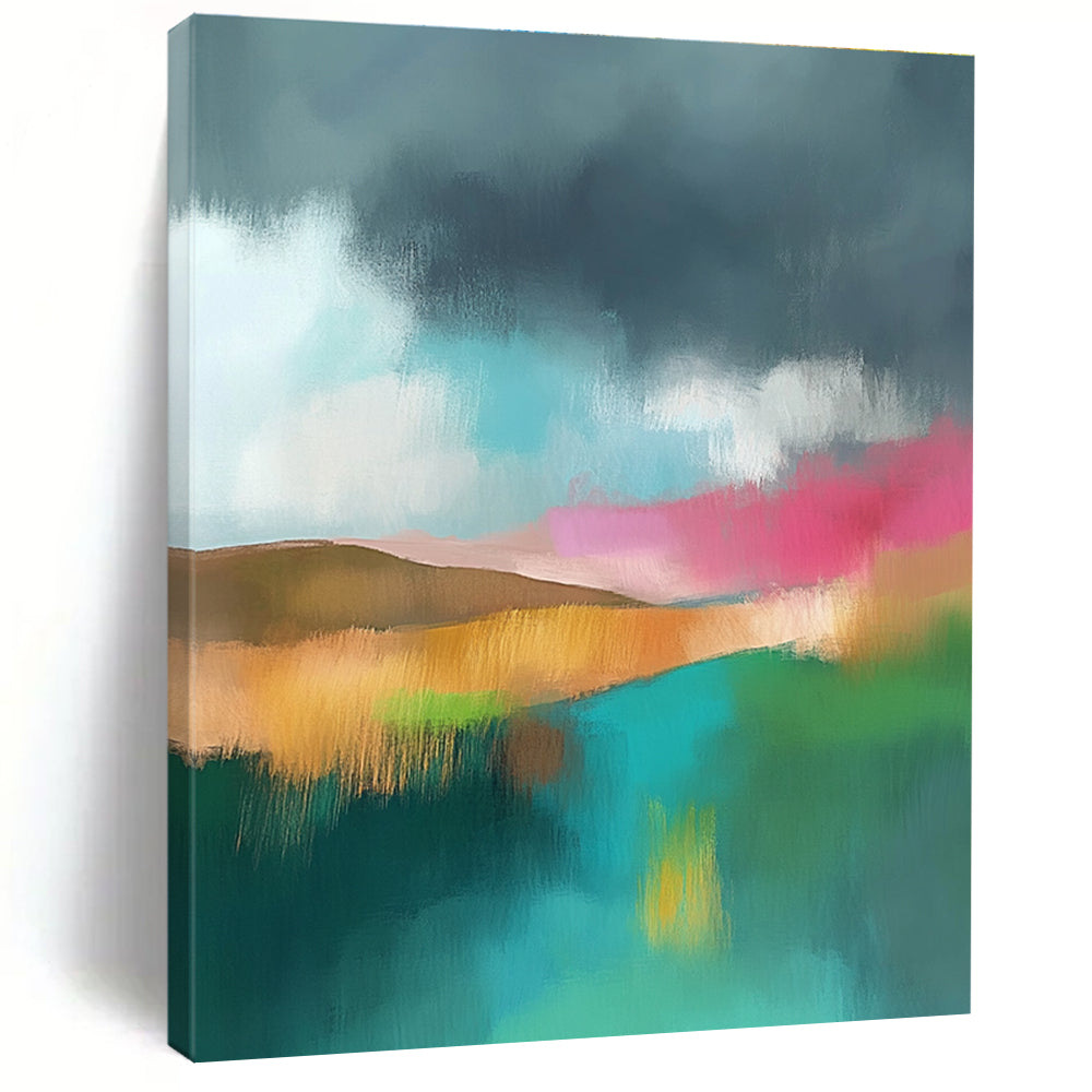 Large abstract painting featuring light teal and pink hues with a green field brown hills and a dark grey sky adorned with white clouds.STSC087