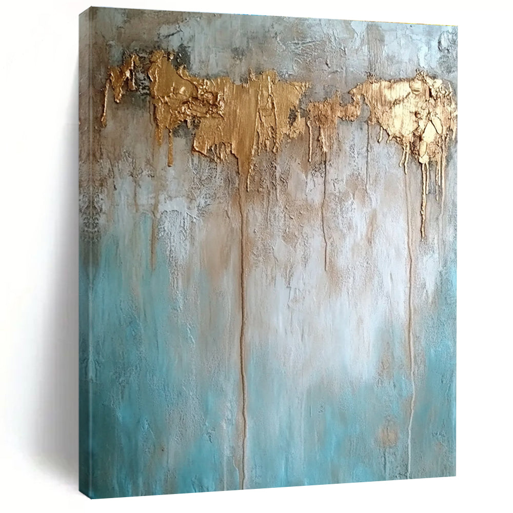 Large abstract painting with texture in neutral tones featuring light blue brown and gold hues highlighting water damage elements against a concrete wood background.STSC136