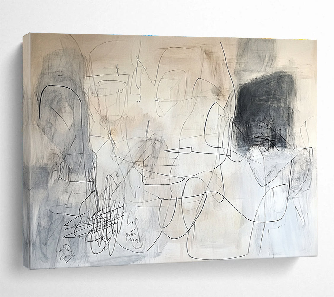 An abstract painting in white and gray tones, featuring dynamic lines and layered text, conveys a sense of movement and depth.SC390
