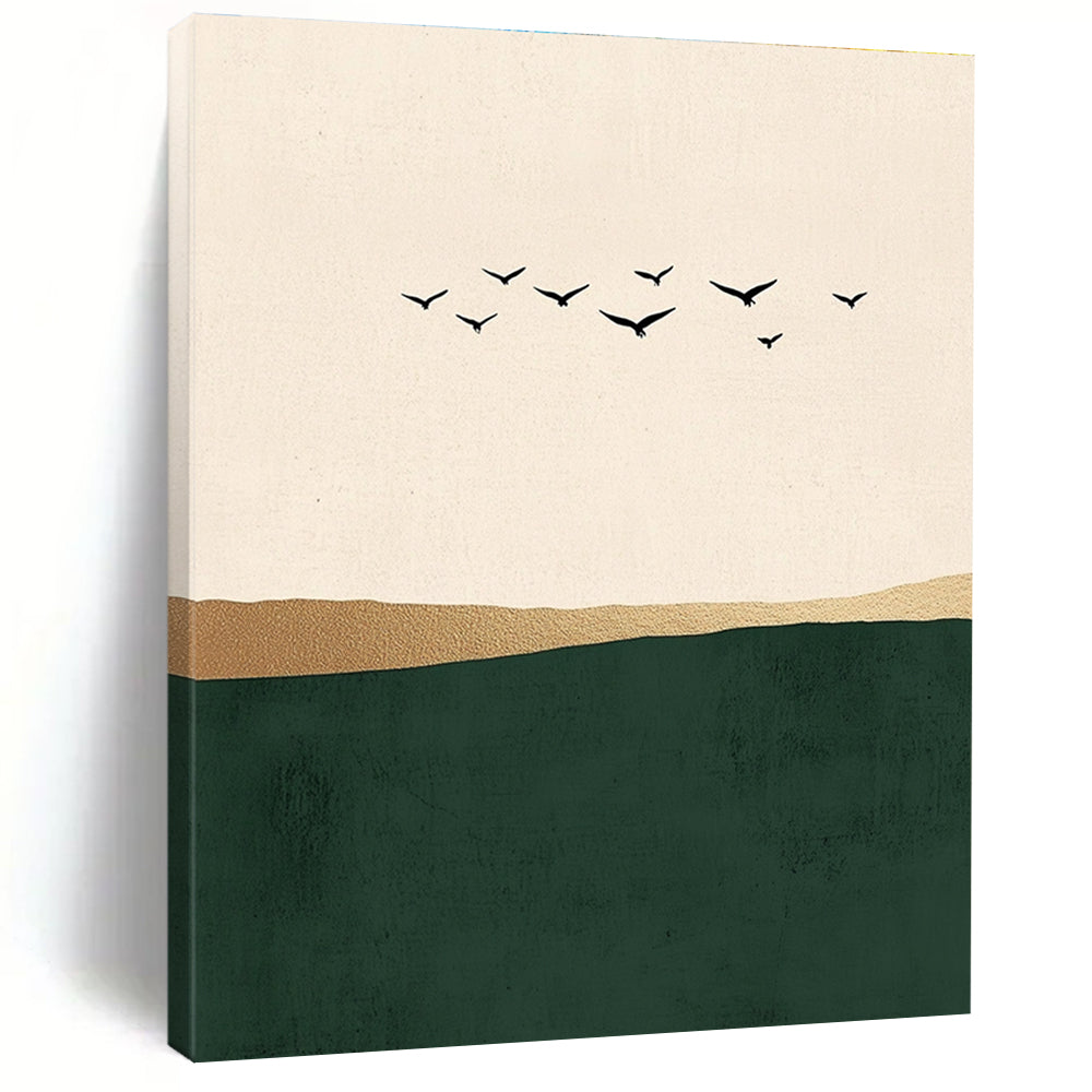Abstract art featuring minimalist Japandi style with flying birds over a serene green sea on a beige background adorned with elegant gold details.STSC1340
