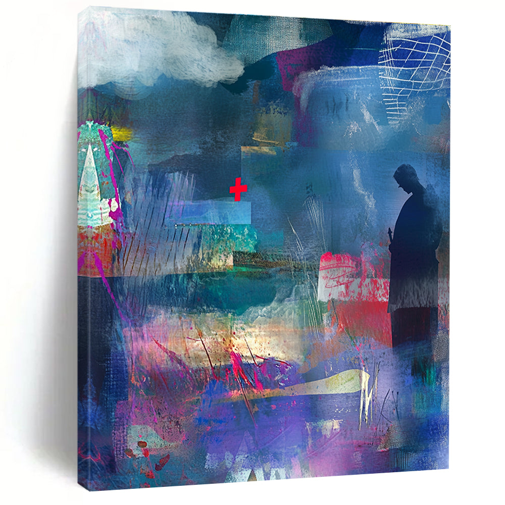 Large abstract collage with watercolor splashes and textured paper featuring a shadowy figure a red cross and vibrant ribbons in rich colors.STSC574