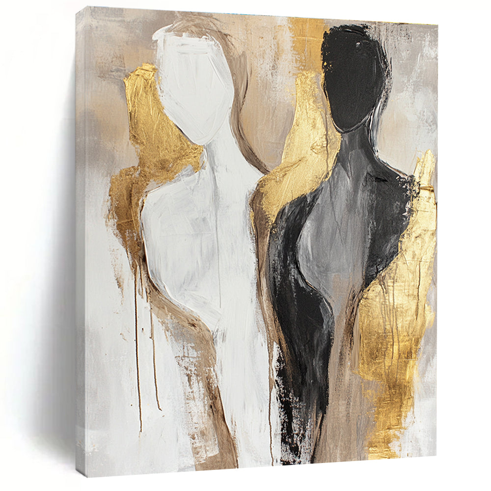 Large abstract painting featuring neutral tones and gold accents with female bodies in a minimalistic design and soft brush strokes.STSC441