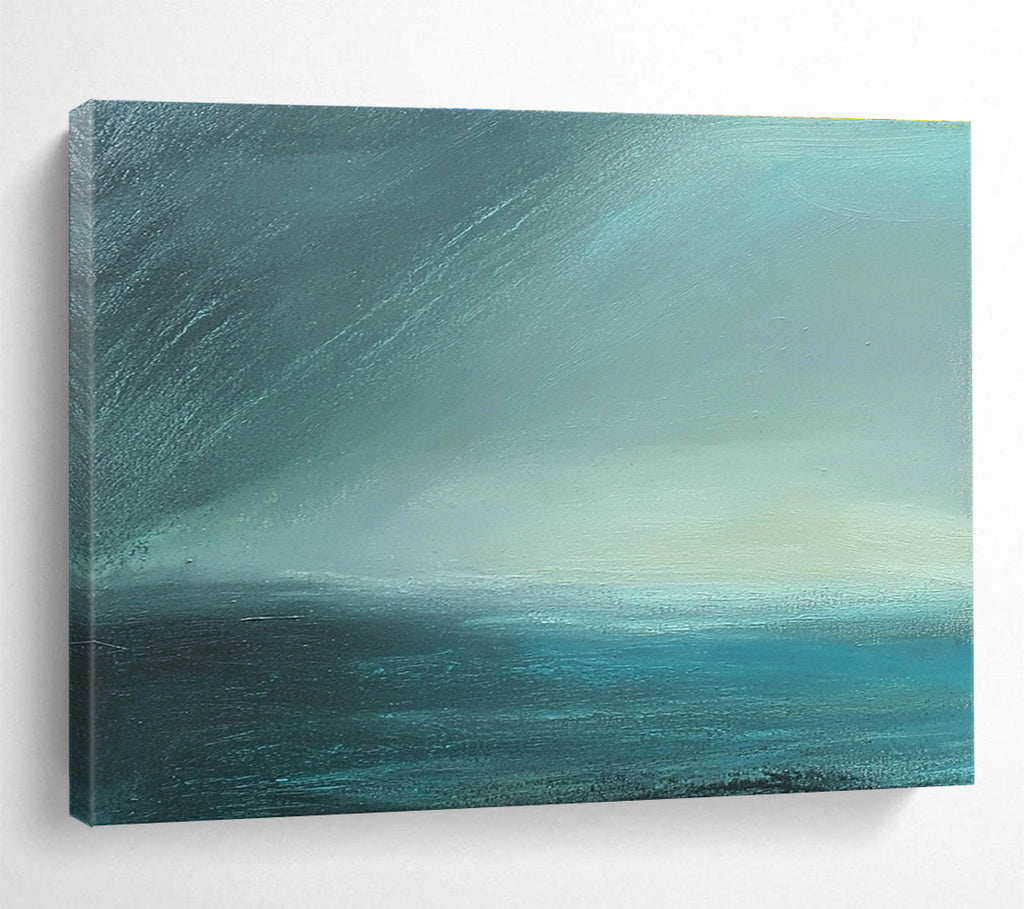 Large abstract painting in impasto technique featuring blue-green sea tones with fog and dark sky using thick, muted layers for atmospheric depth.SC497
