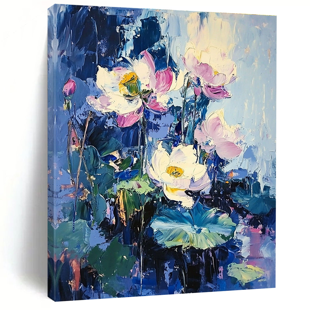 Large abstract oil painting of lotus flowers and leaves in purple and blue with impressionist style and surrealistic elements against a blue sky.STSC190