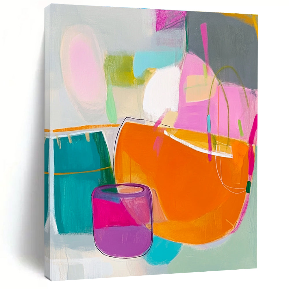 Abstract painting features pink green yellow shapes with an orange handbag blue box and purple jar on a soft gray background.STSC788