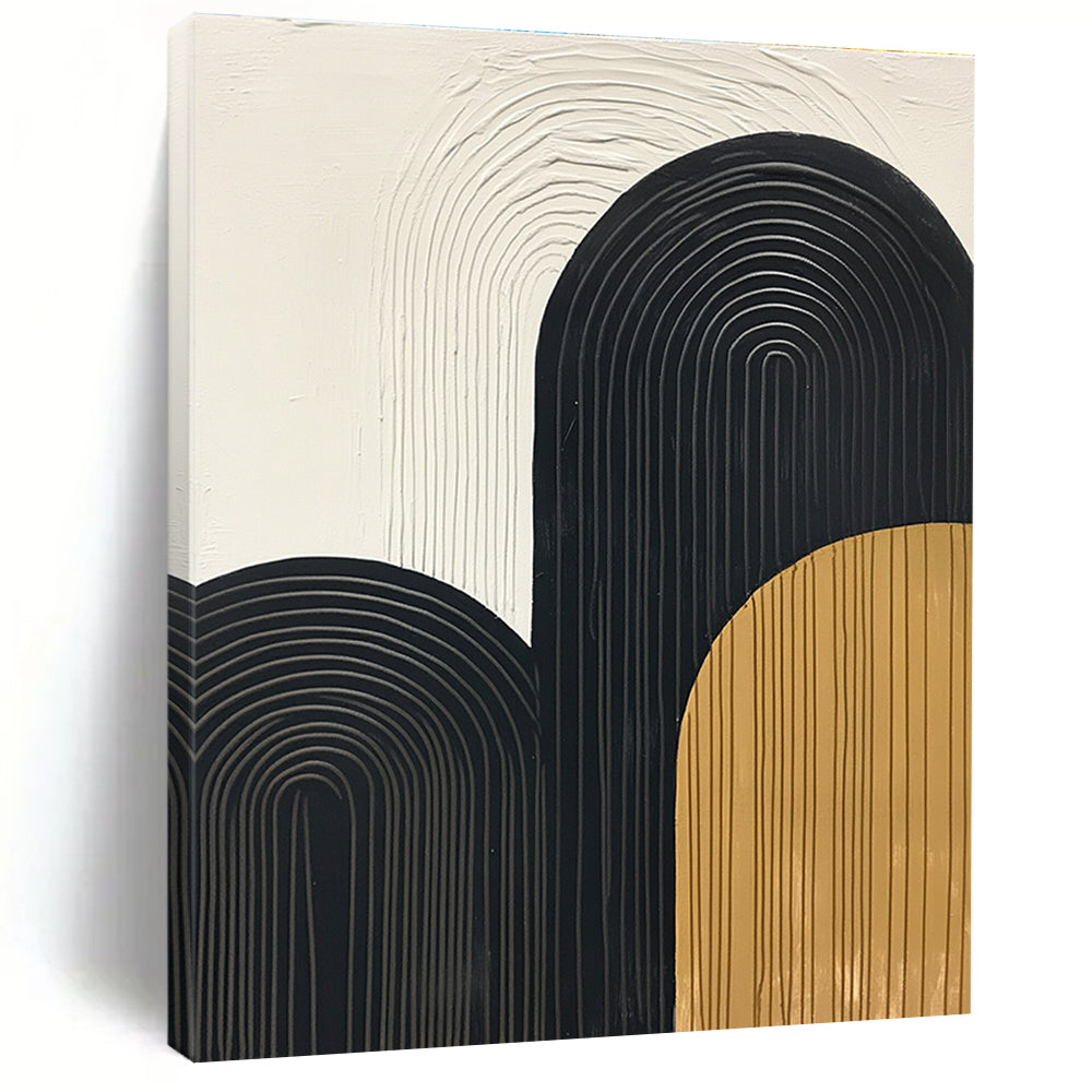 Large abstract painting with thick black lines simple shapes and textured mustard yellow accents on a white background. Modern vintage style artwork.STSC570