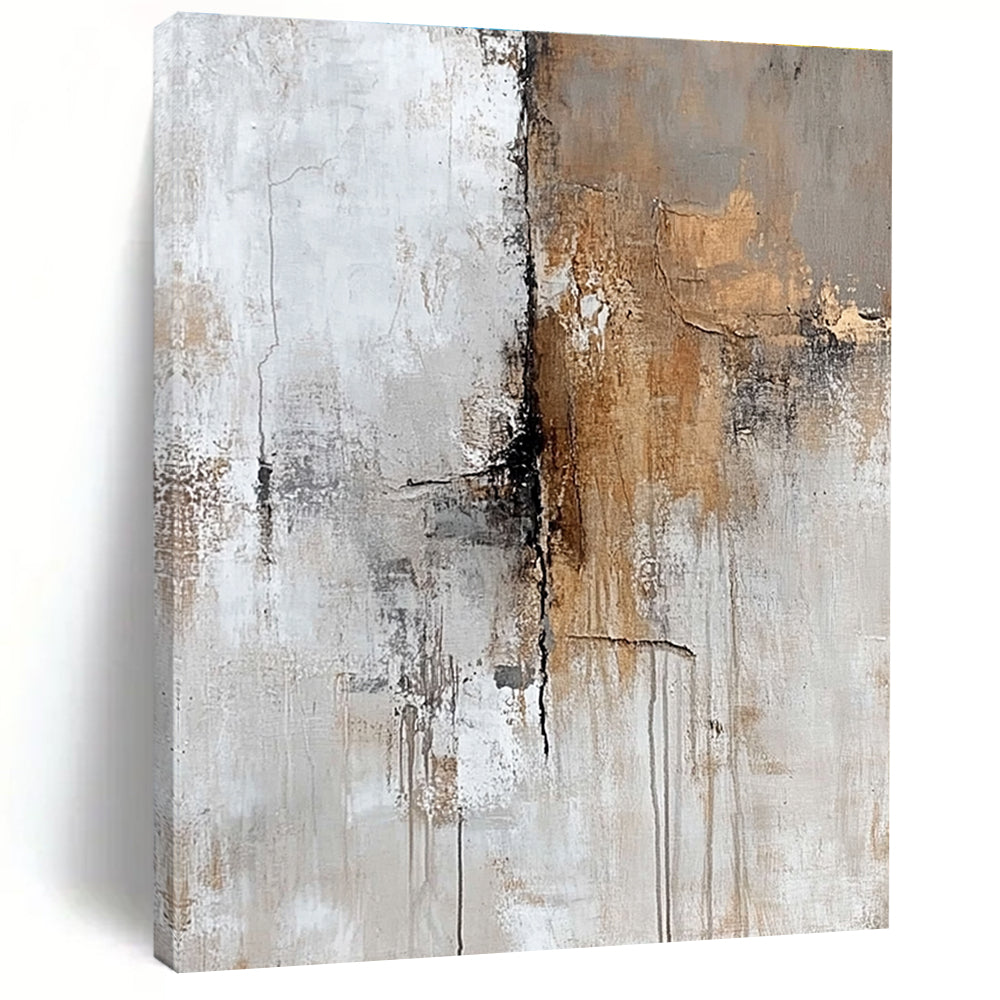 Abstract oil painting featuring faded beige grey and brown textures on a white background evoking nostalgia and mystery through subtle details in corners.STSC591