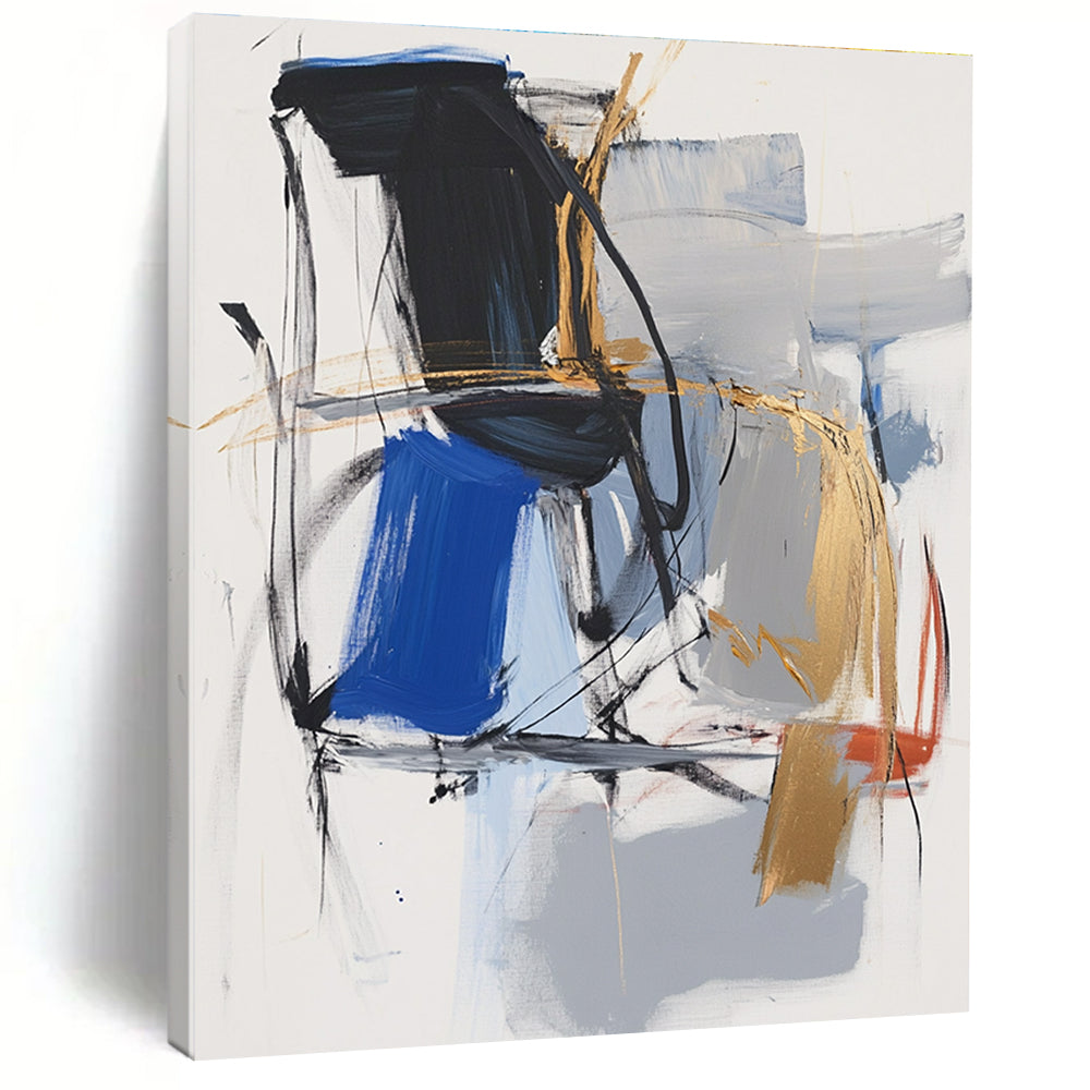 Blue Gray Gold Abstract Painting with Expressive Strokes GER804