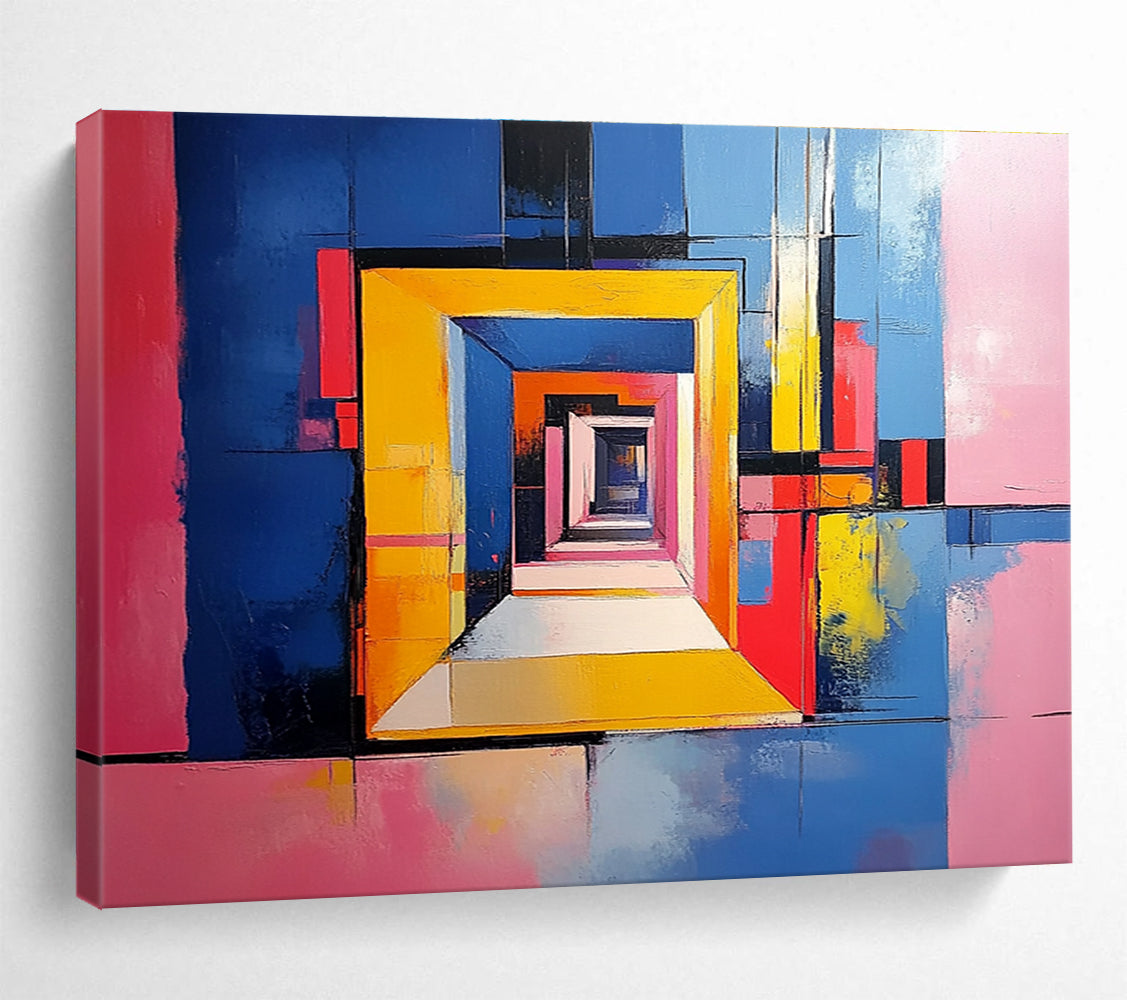 Vibrant abstract painting of an open door with geometric shapes against a blue and yellow background highlighting pink walls and soft textures.SC337