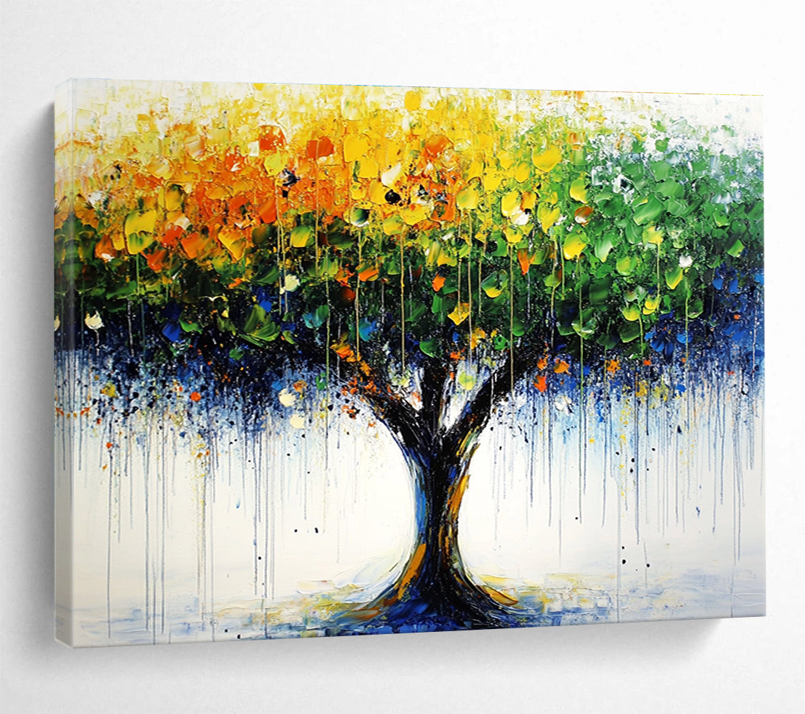 Large abstract tree painting featuring bold green yellow and blue brush strokes with distant trees and raindrop-dotted leaves on a vibrant summer day.SC285