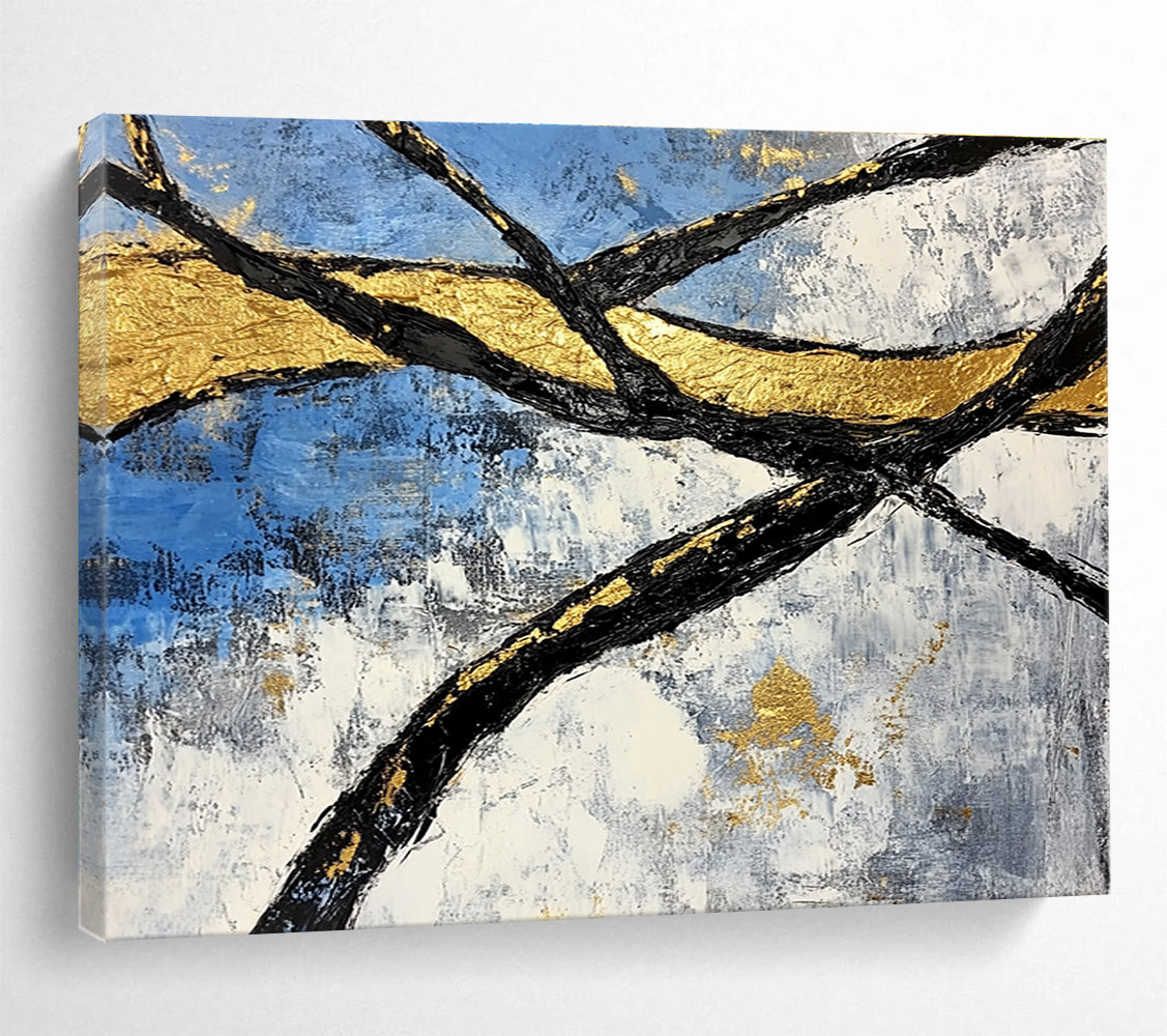 Golden Branches Abstract Painting with Blue and Gold Tones DYP525