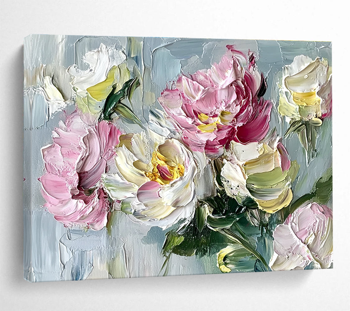 Large abstract painting featuring peonies and roses in vibrant shades on a textured grey background with impasto brushstrokes.SC125