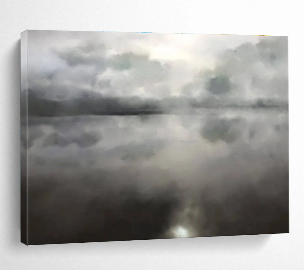Monochrome Lake Abstract Painting with Cloud Reflections THY124
