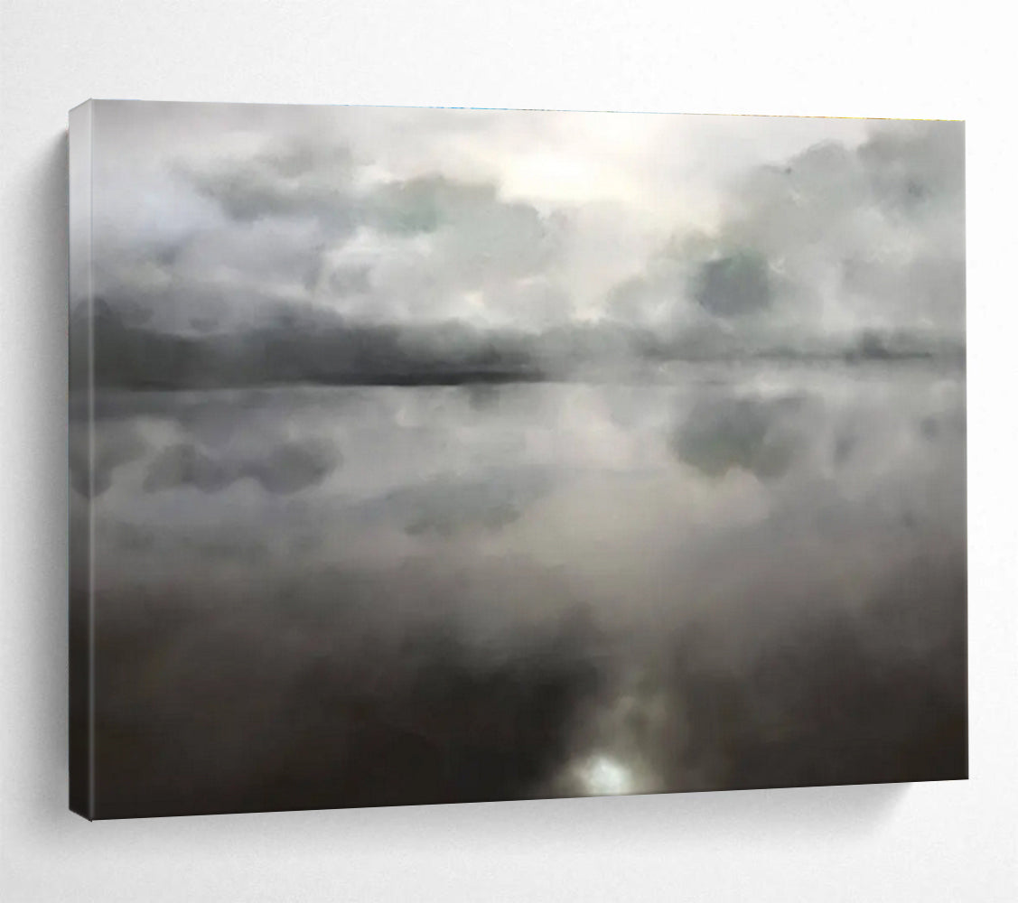 Monochrome Lake Abstract Painting with Cloud Reflections THY124