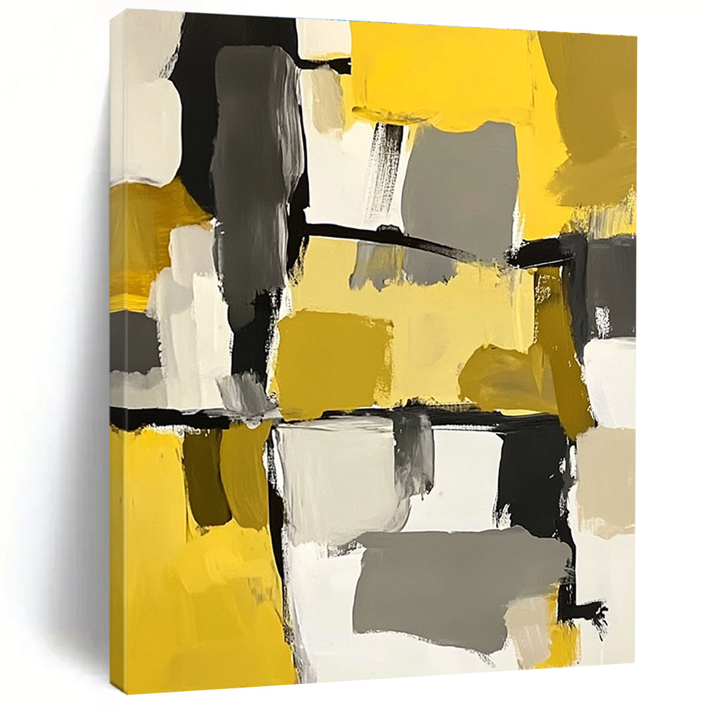 Yellow Gray Black and White Abstract Painting with Geometric Shapes GER646