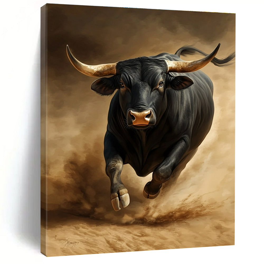 A large abstract painting featuring a black bull in the desert showcasing strong expression and high detail on a dark brown background.STSC914