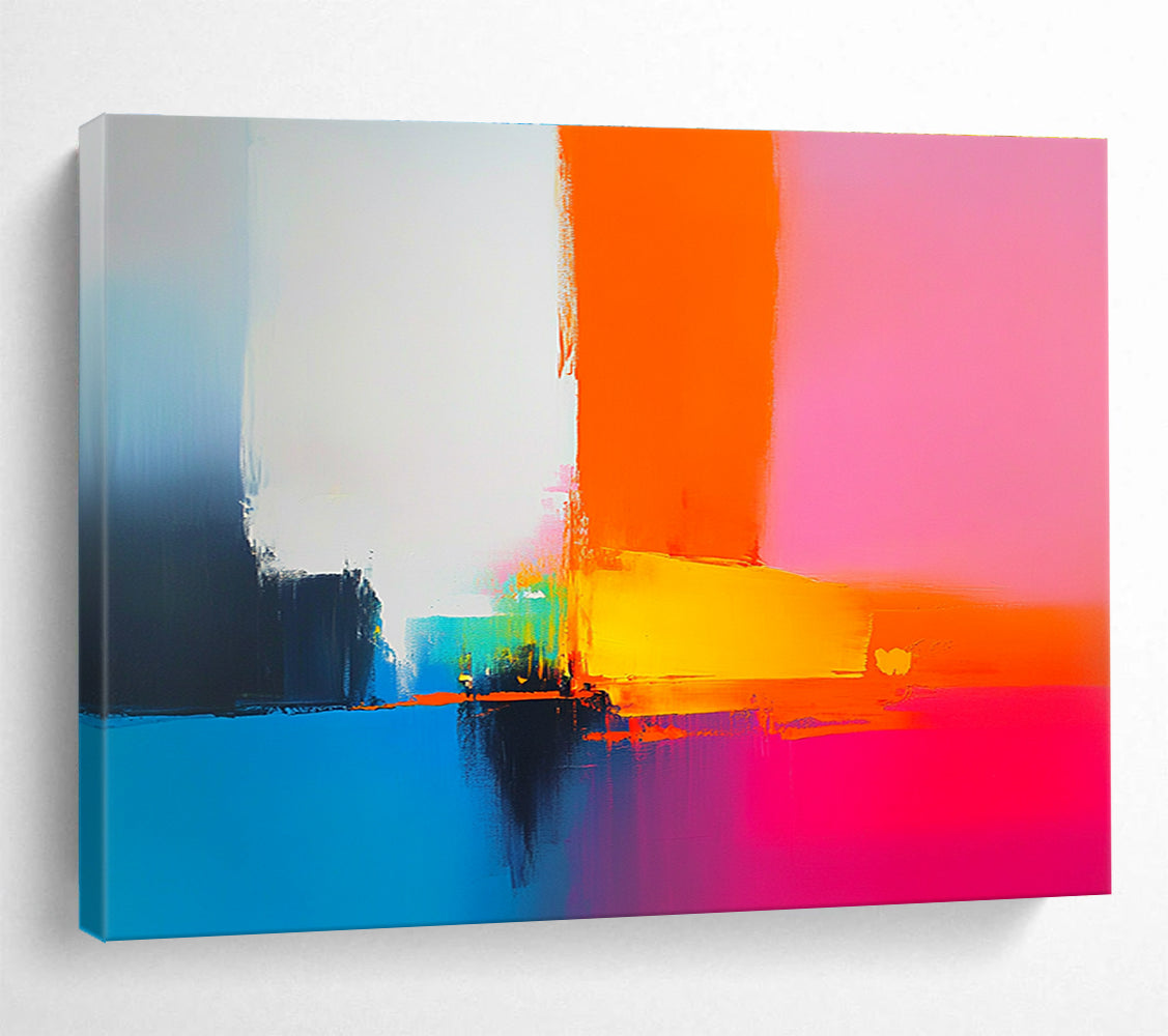 A large abstract painting featuring bold shapes and clean lines in pink orange blue yellow and white inspired by Peter Wileman's brushstrokes.SC505