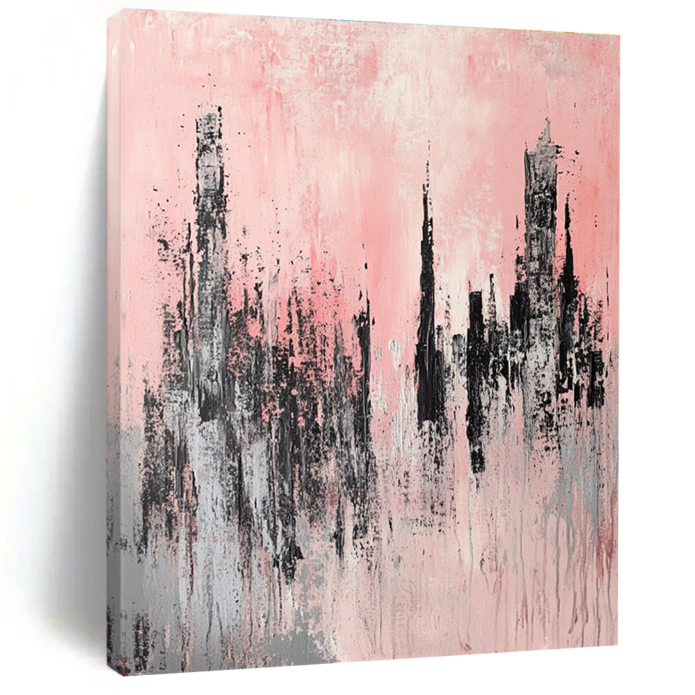 Large abstract painting of skyscrapers featuring light pink and grey colors with soft brush strokes in a modern urban landscape style.STSC331