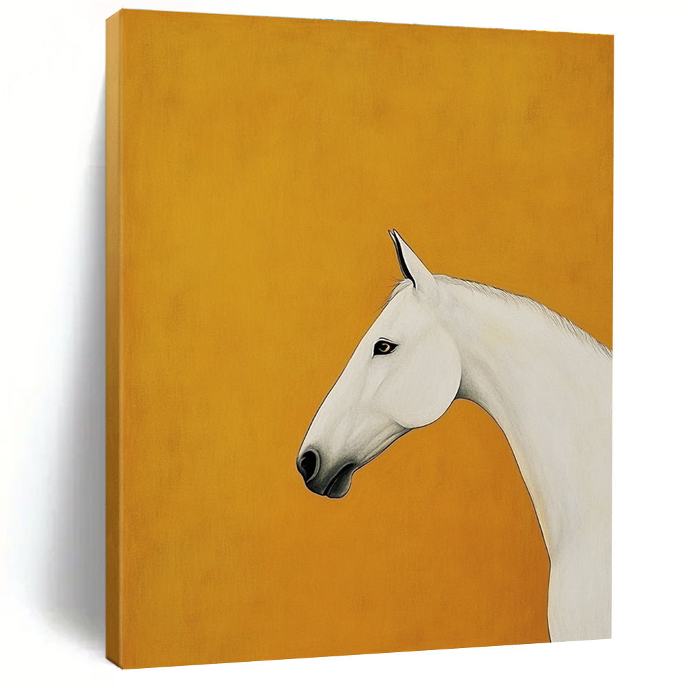 A large abstract painting featuring a minimalist white horse in profile against an orange background inspired by Kazumasa Nagai and Egon Schiele.STSC1348