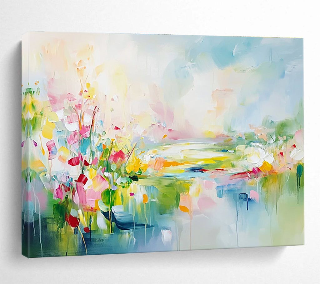 Large abstract landscape painting featuring spring flowers in a colorful meadow with a flowing river vibrant greenery and a serene sky.SC084