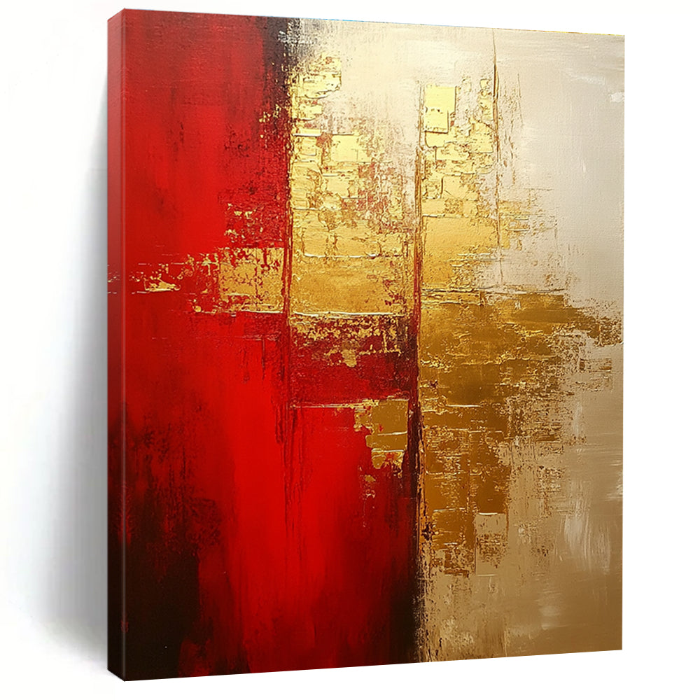 Large abstract painting in warm red and gold tones with soft brushstrokes showcasing depth and emotional warmth on a textured oil canvas.STSC824