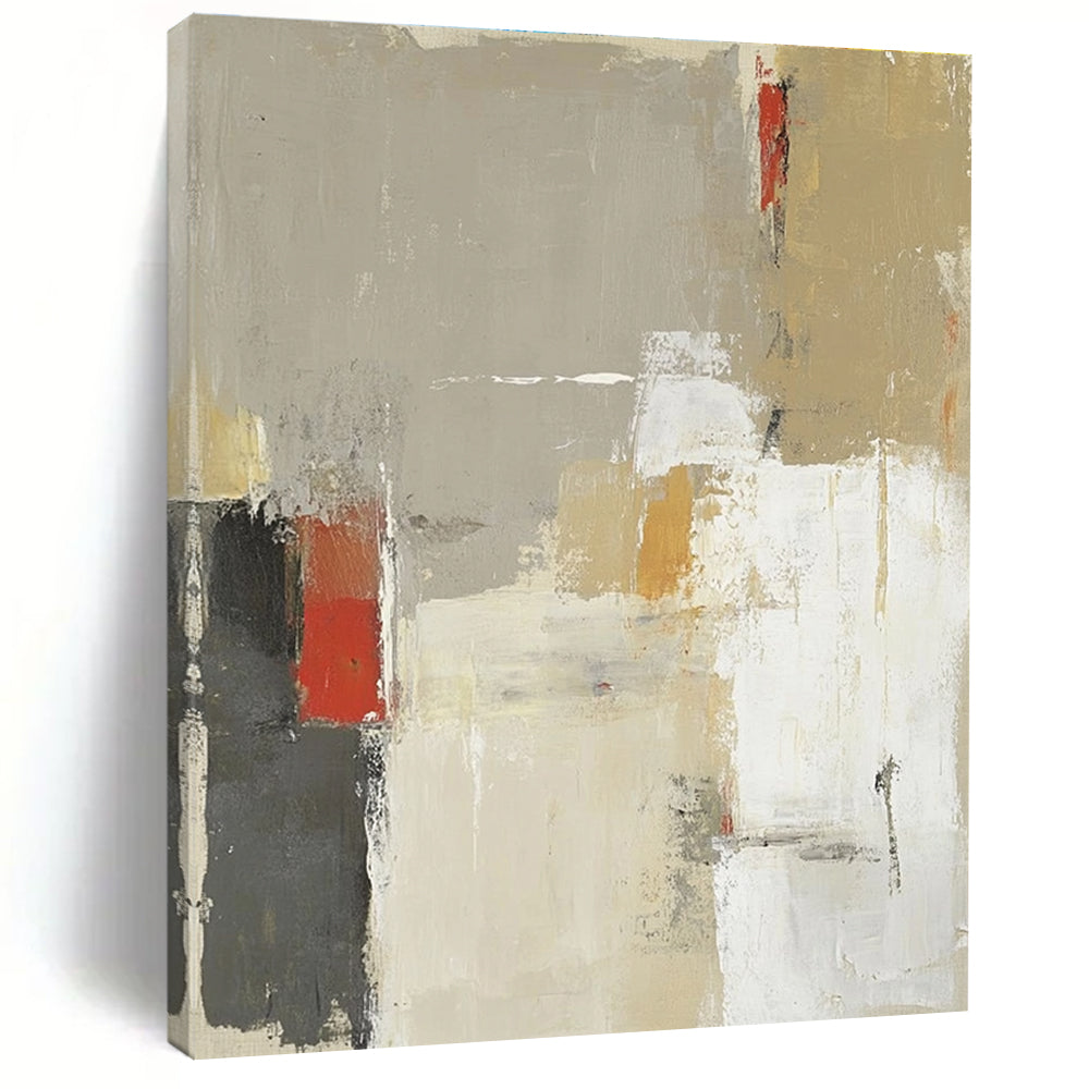 Large abstract painting in beige and gray with red accents featuring soft brush strokes and bold shapes.STSC616