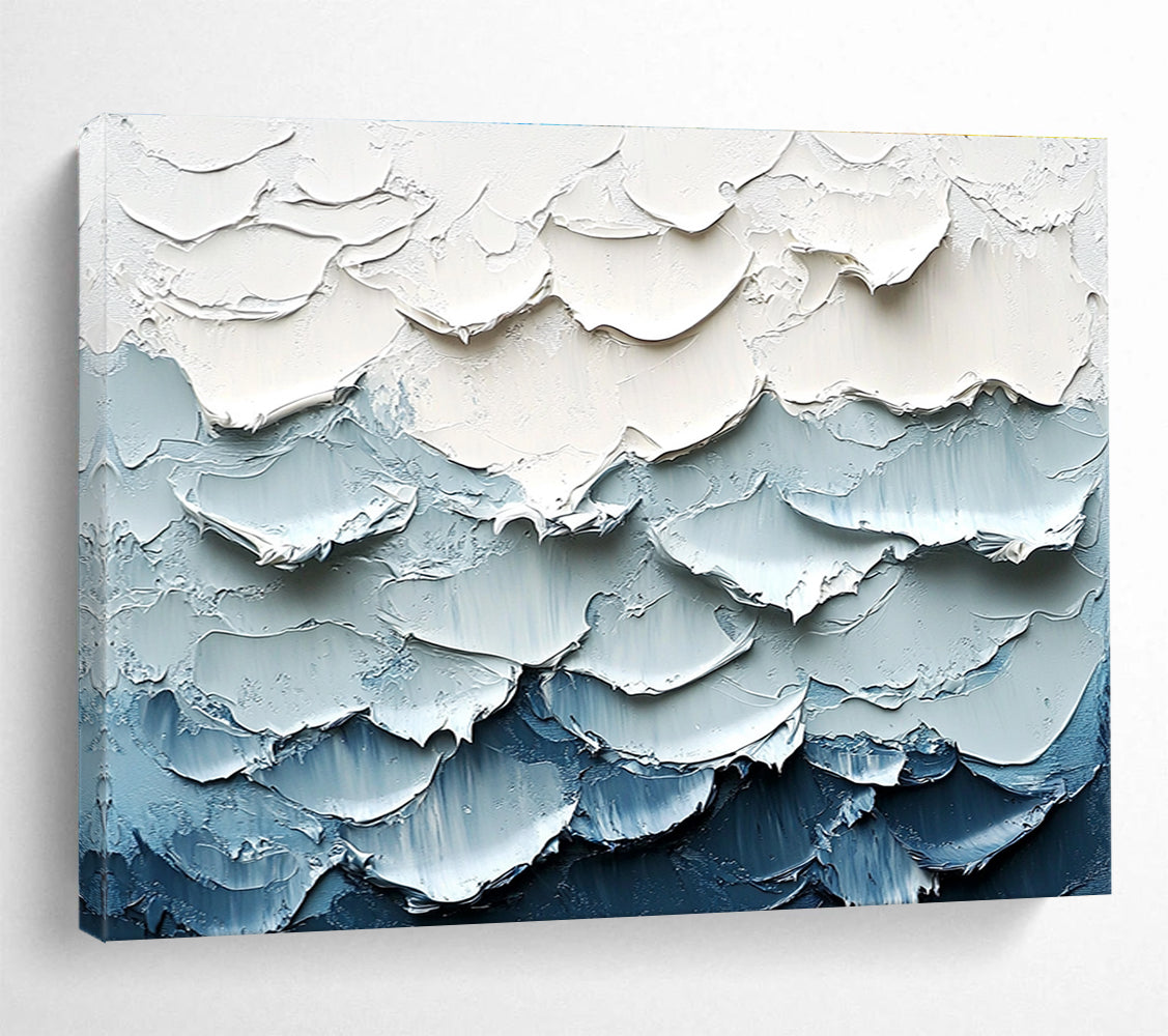 Large abstract painting of waves featuring a white and blue color palette with thick impasto texture for a striking visual effect.SC205