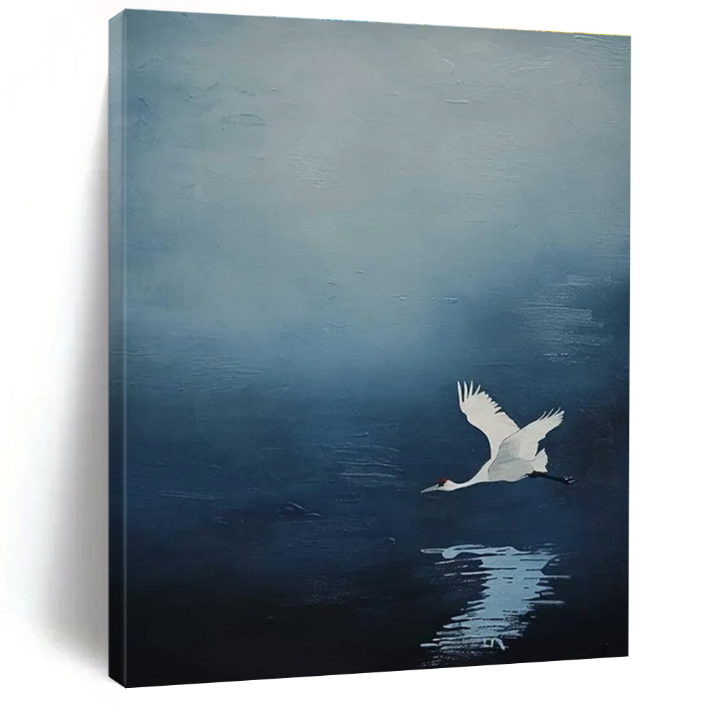 White Crane in Blue Sky Abstract Painting with Reflection ADGE510
