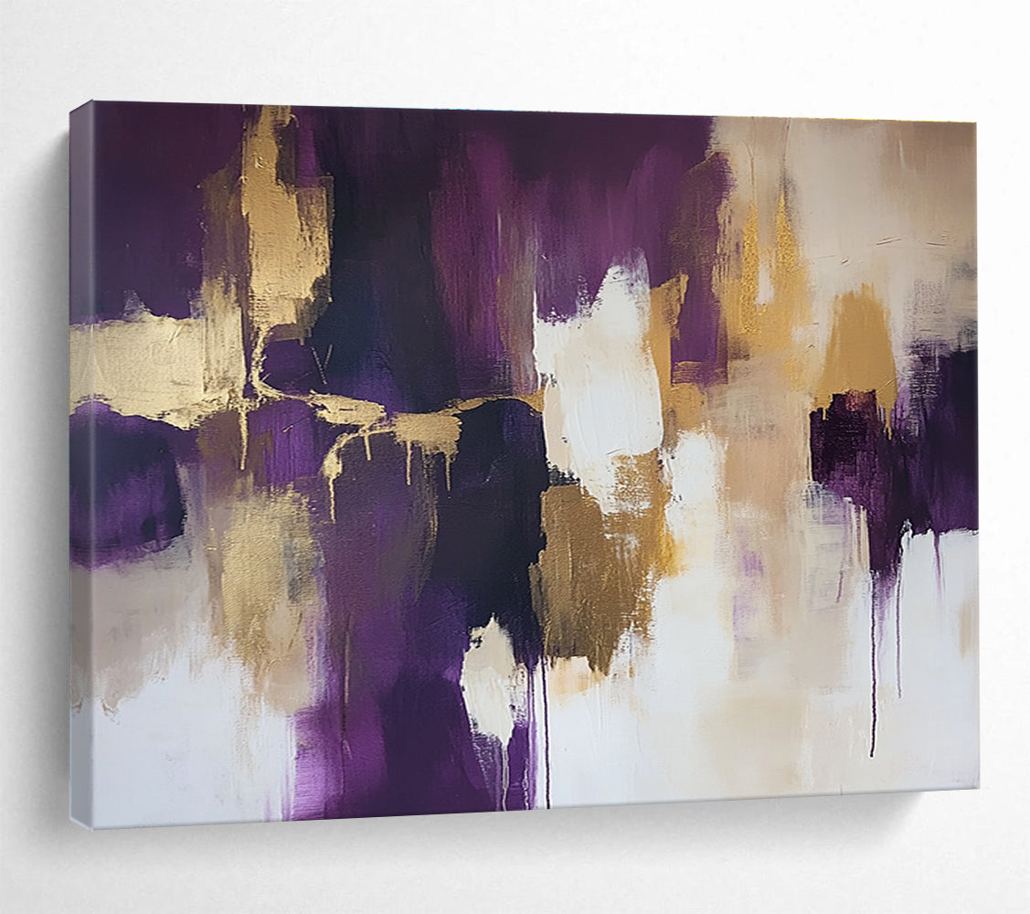 Large abstract painting with gold leaf highlights in shades of purple and beige accented by soft white edges creating a stunning composition.SC237