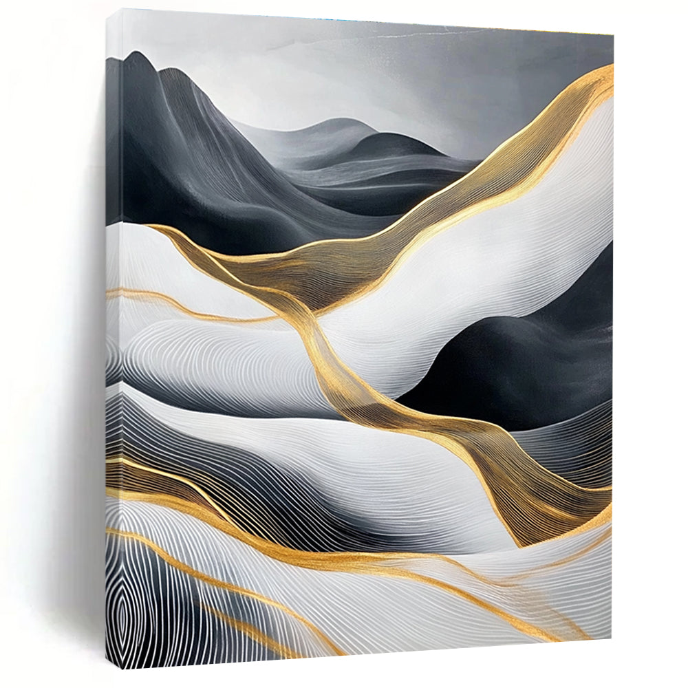 Large abstract painting of flowing waves in light gray and black with gold accents and prominent white areas and mountains.STSC358