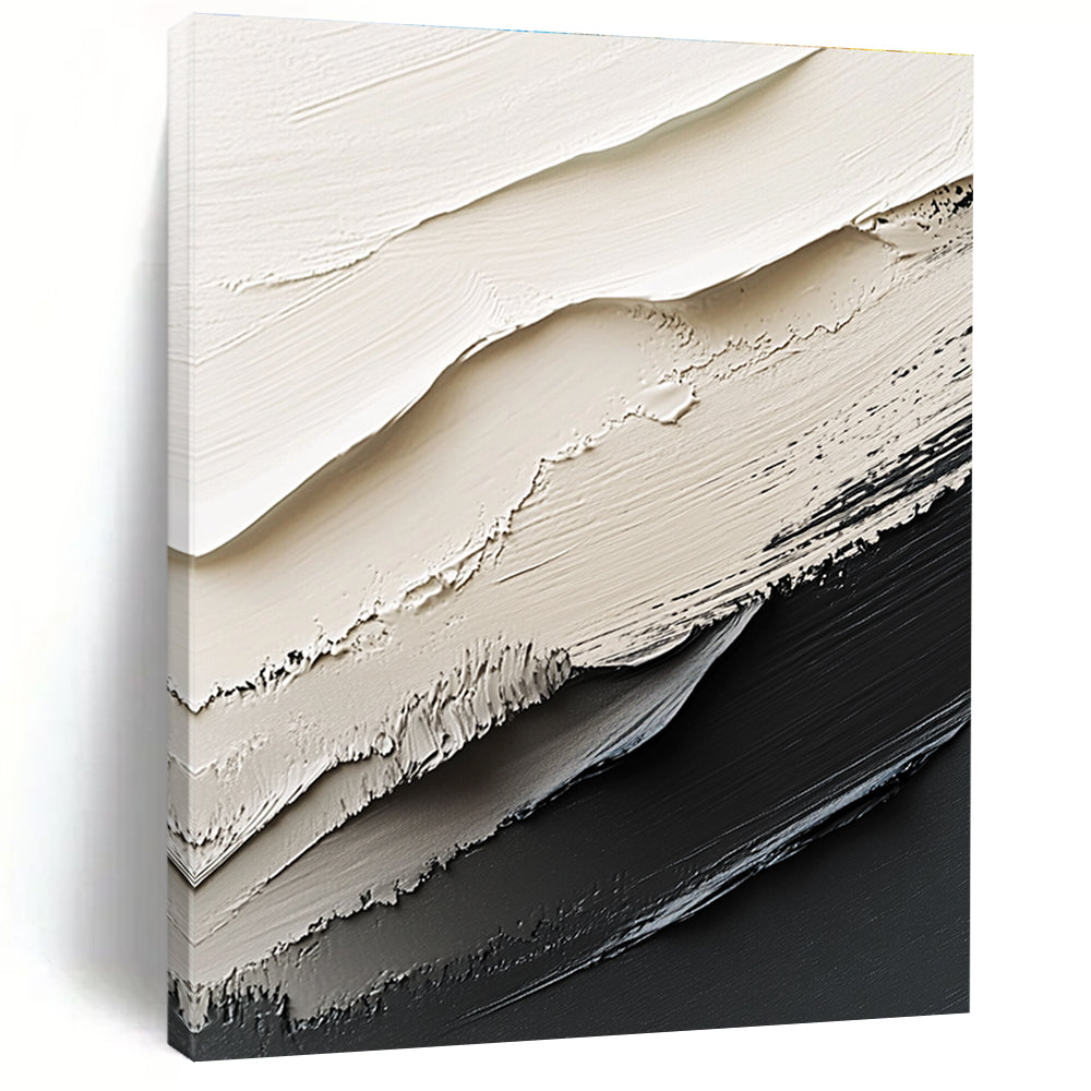 Large abstract painting in black and white featuring dynamic brush strokes and rich textures that create striking contrasts and depth.STSC1470