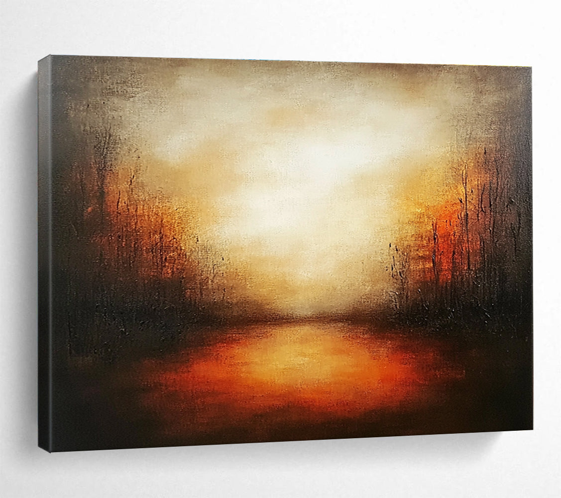 Abstract landscape painting featuring warm oranges and reds with soft brush strokes, textured canvas, and a serene evening atmosphere.SC086