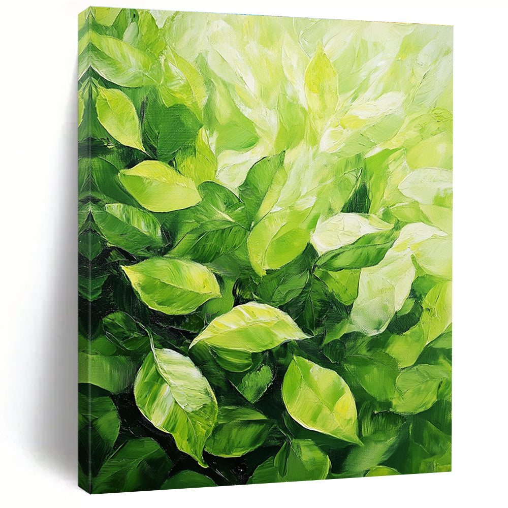 Large abstract painting featuring lush green leaves with vibrant colors and expressive brushstrokes capturing the tranquility of nature.STSC1032
